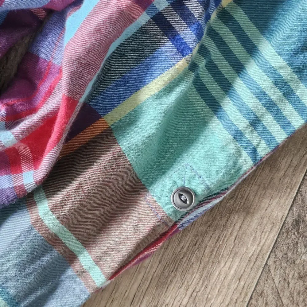 Ralph Lauren Plaid Pintuck Button Up Shirt Multicolor Madras Roll Tab Girls 14